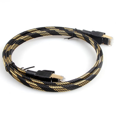 Nylon Ethernet Cat7 Patch Cord Flat Black Yellow Jalinan Kecepatan Tinggi
