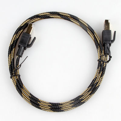 Nylon Ethernet Cat7 Patch Cord Flat Black Yellow Jalinan Kecepatan Tinggi