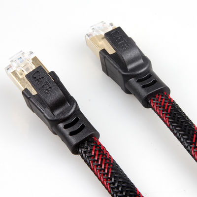 Kabel Ethernet Jalinan Nilon Stabil Cat8 Merah Hitam Anti Gangguan