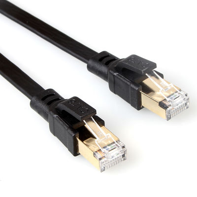 Kabel Ethernet Datar Cat8 Terlindung Hitam Dengan Konektor RJ45 Berlapis Emas