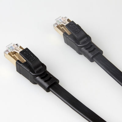 Kabel Ethernet Datar Cat8 Terlindung Hitam Dengan Konektor RJ45 Berlapis Emas