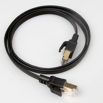 Kabel Ethernet Datar Cat8 Terlindung Hitam Dengan Konektor RJ45 Berlapis Emas
