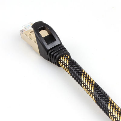 ISO Gigabit Cat 7 Kabel Ethernet Terlindung Nilon Hitam Kuning Jalinan